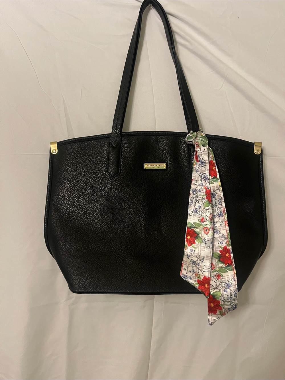 London Fog Black Tote with Floral Accent Scarf